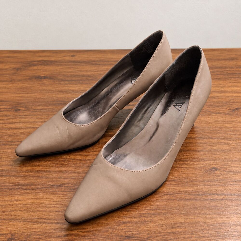 Worthington Womens Nude Taupe Leather Pointed Toe Kitten Heel Pumps New 6M